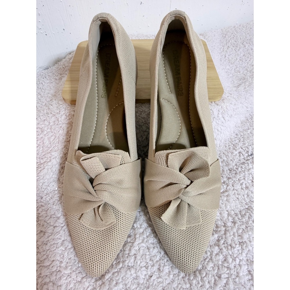 Dream Pairs Womens Beige Knit Pointed Toe Bow Flats Shoes Size 8.5